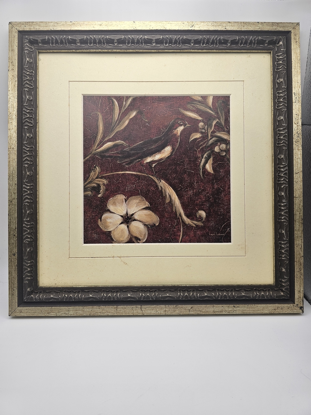 Framed Bird & Floral Wall Art in Burgundy and Cream